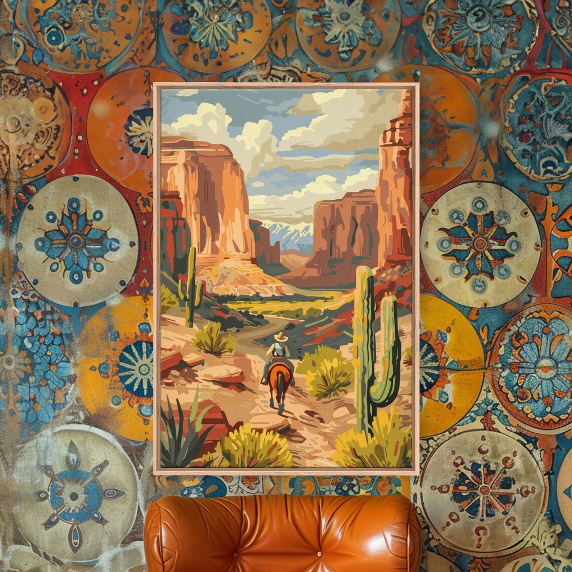 Cowboy Riding Desert Canyon Red Rocks Vintage Western Travel Poster