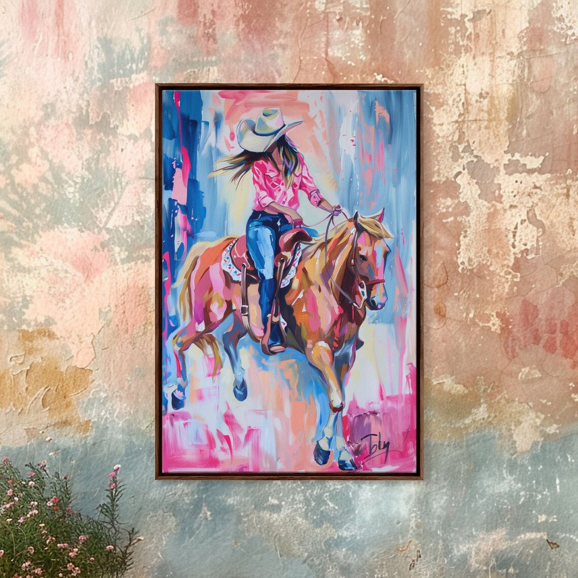 Stylish Cowgirl Riding Horse, Colorful Western Art Print - Image 2