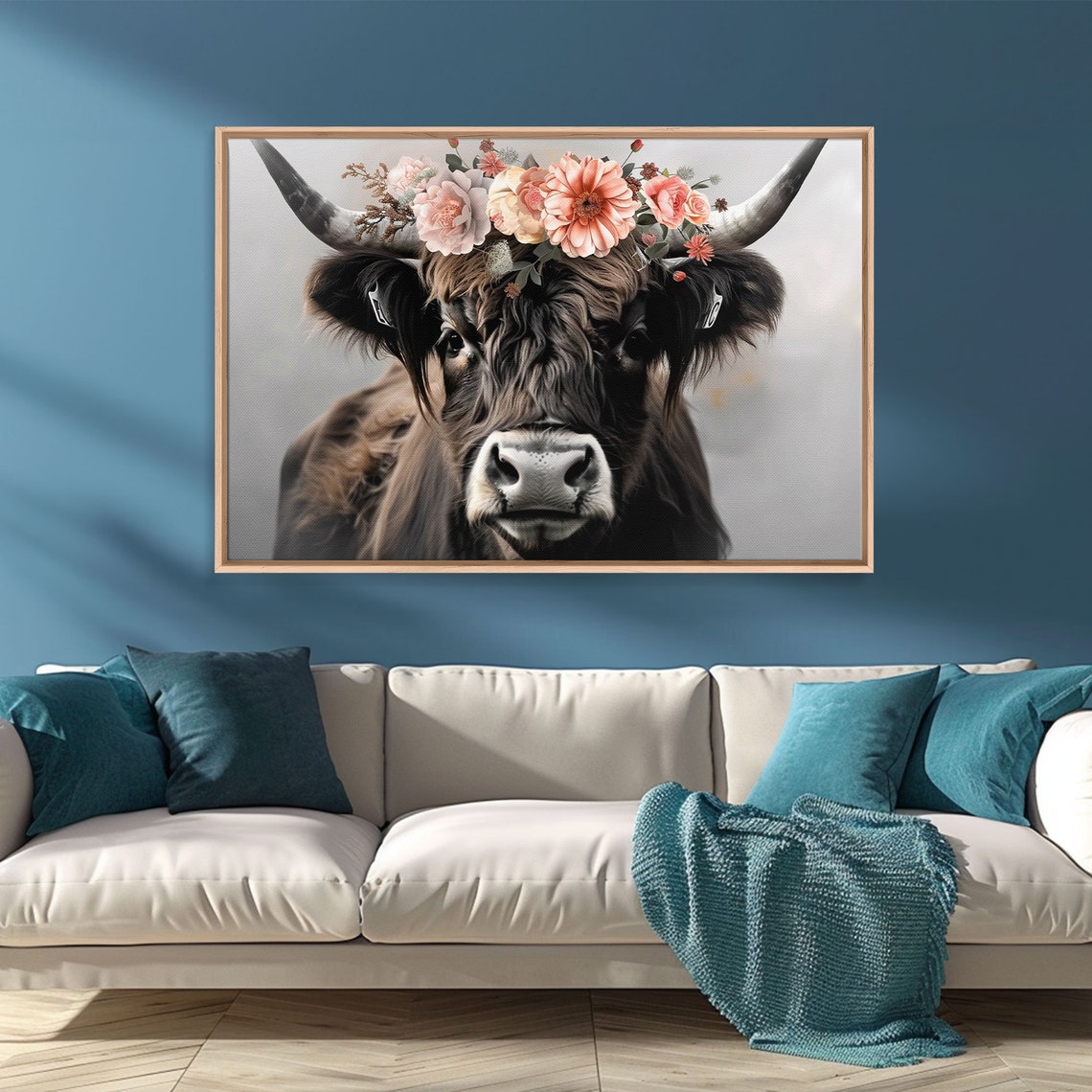 Framed Wall Art Cute Cow Wearing Flowers Farmhouse Decor Farmhouse Wall At Extra Large Boho Decor Modern Art Minimalist Rustic - Image 5