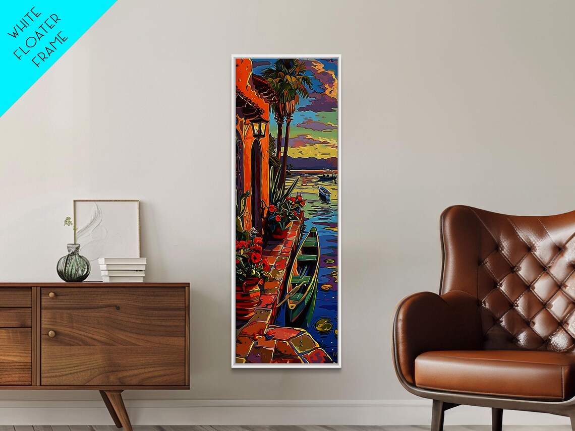 Tropical Waterfront Sunset Moored Canoe Palm Trees Golden Sky Travel Poster - Image 2