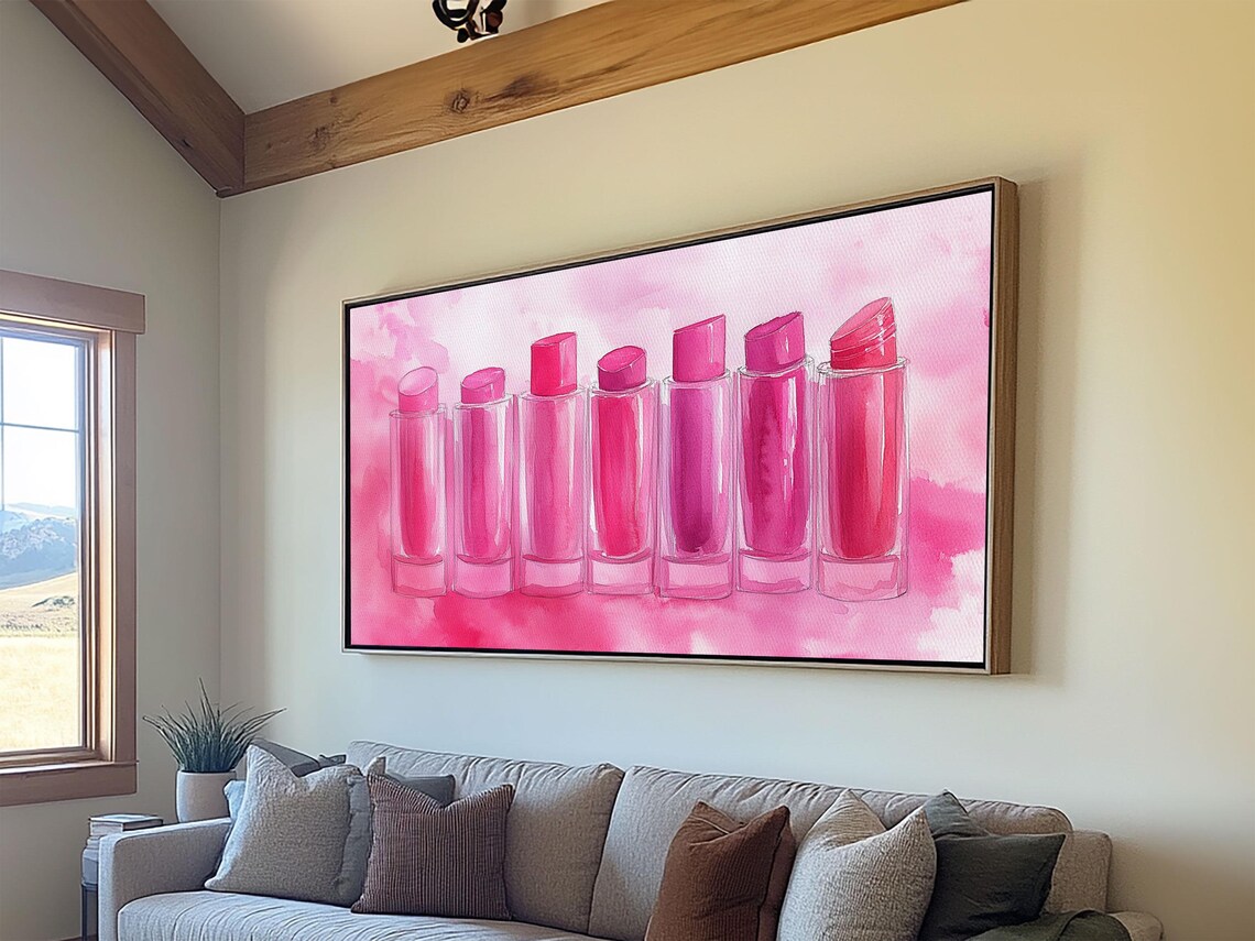 Pink Lipstick Row Watercolor Painting Feminine Glam Makeup Vanity Art Poster - Image 3