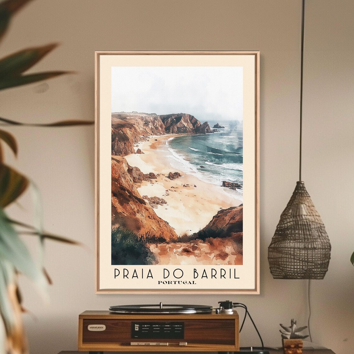 Praia do Barril Portugal Sandy Cove Between Red Cliffs Blue Surf Watercolor Poster - Image 2