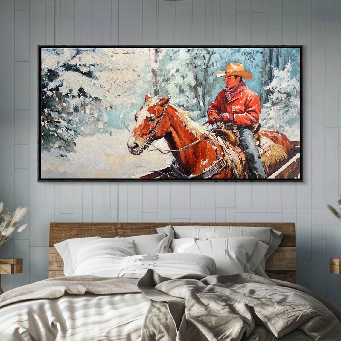 Cowboy In Red Jacket Riding Chestnut Horse Through Snowy Woods Poster