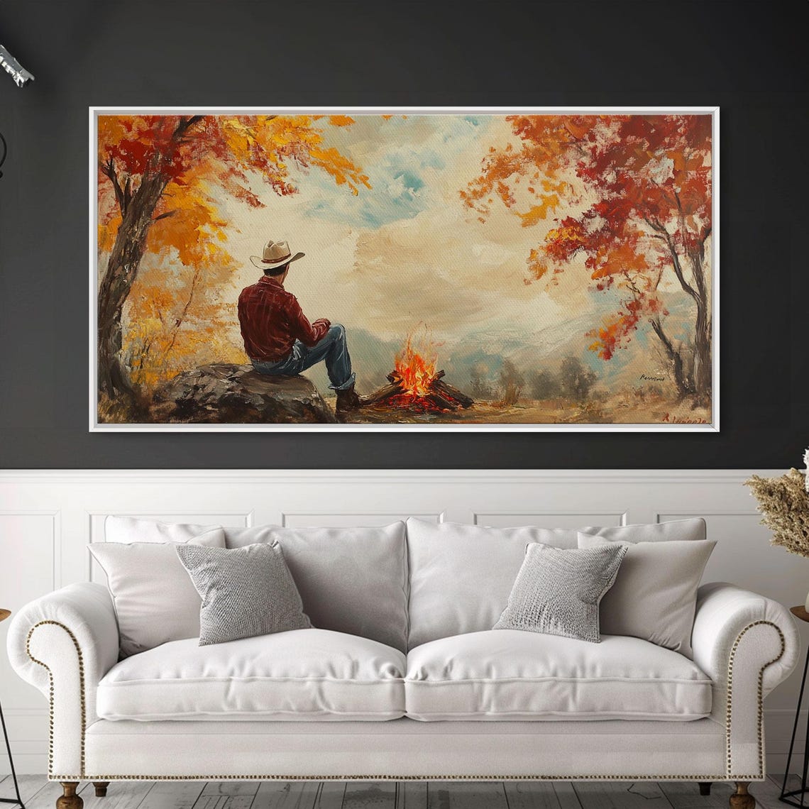 Cowboy Sitting By A Campfire With Autumn Mountains Behind Art Print - Image 3