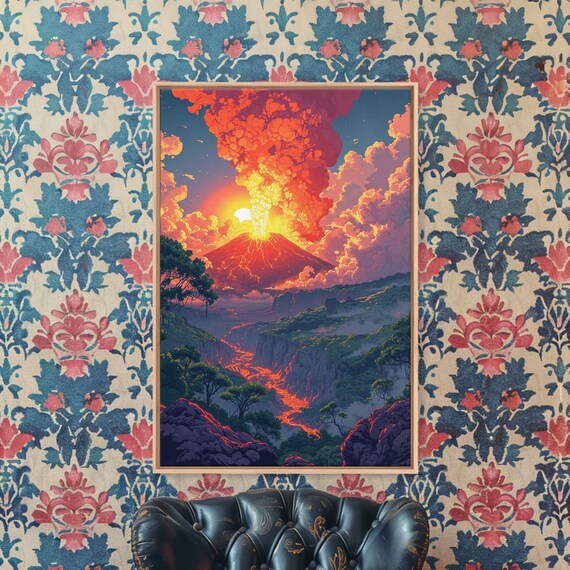 Surreal Volcanic Eruption Printed On Vivid Landscape Printed Wall Art Nature Wall Art With Vivid Colors Volcano Art