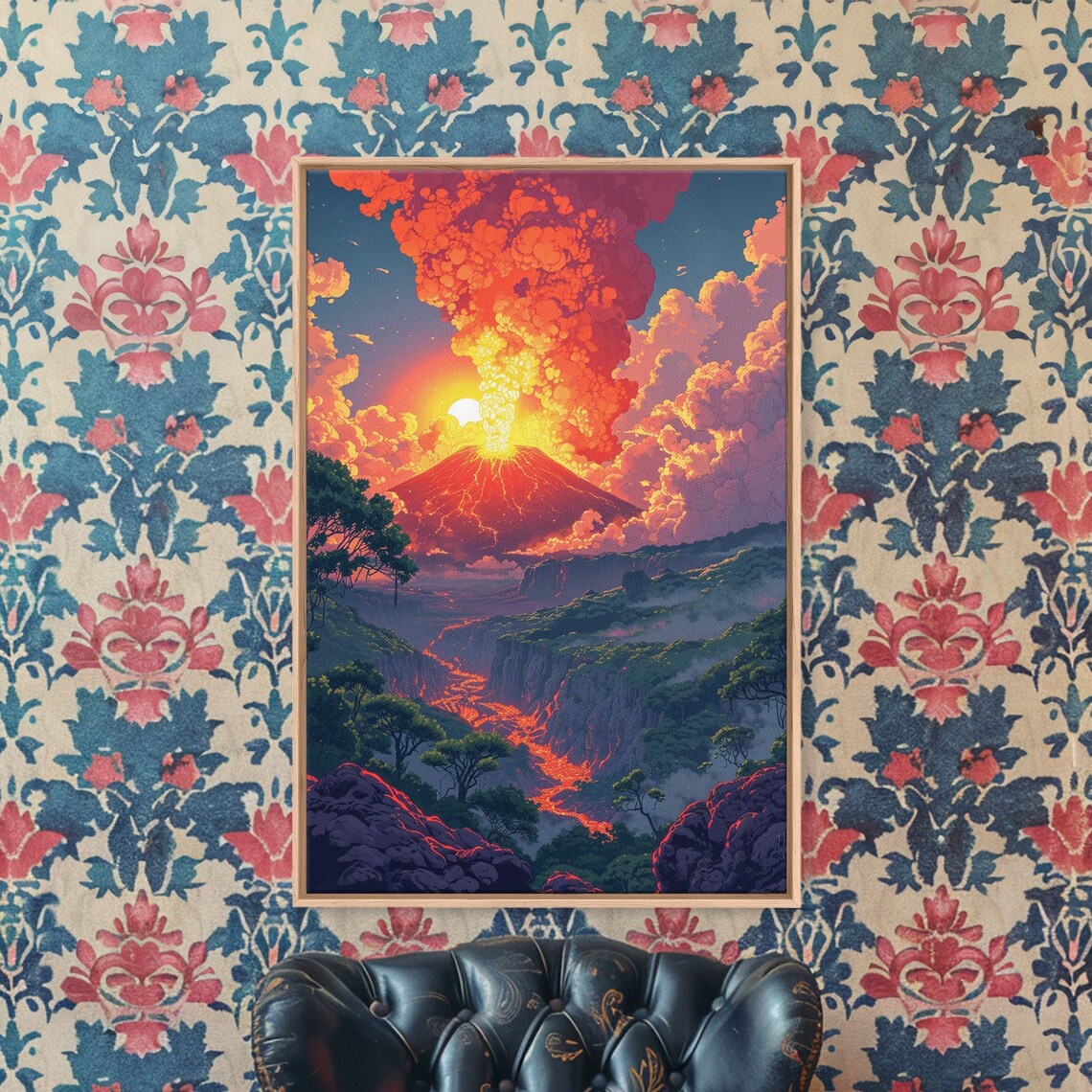 Vivid Volcano Eruption Poster with Fiery Orange Lava Sky Landscape Art