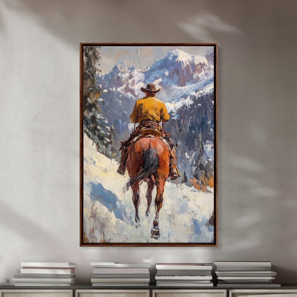 Cowboy On Horseback Snowy Mountain Valley Trail Western Poster