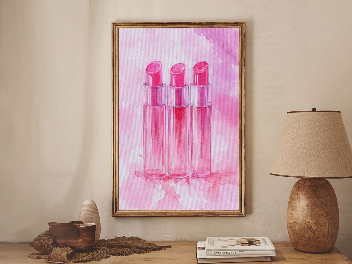 Pink Lipstick Trio Watercolor Glam Beauty Makeup Feminine Wall Art - Image 2