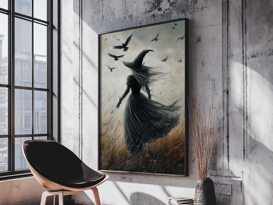 Gothic Witch Walking Windswept Field Ravens Moody Halloween Art Poster - Image 3