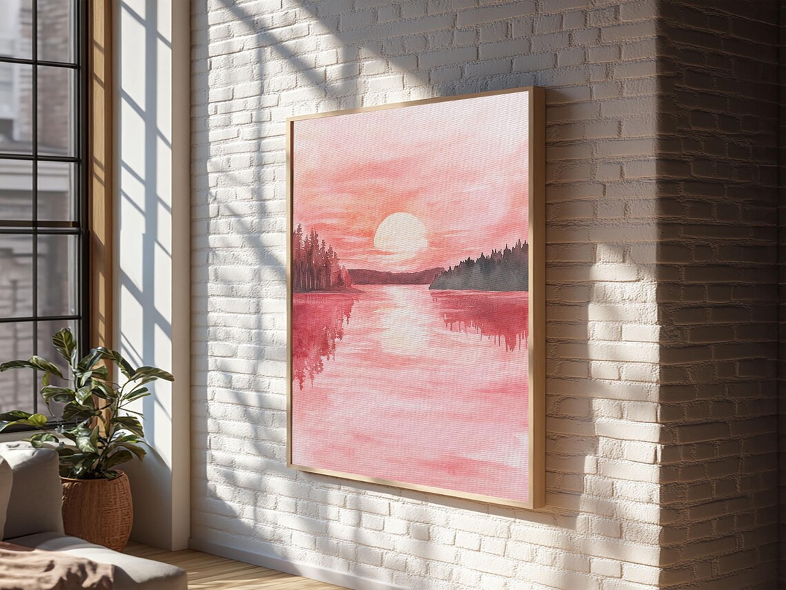 Pink Sunset Over The Lake Watercolor Peaceful Nature Wall Art Print - Image 5