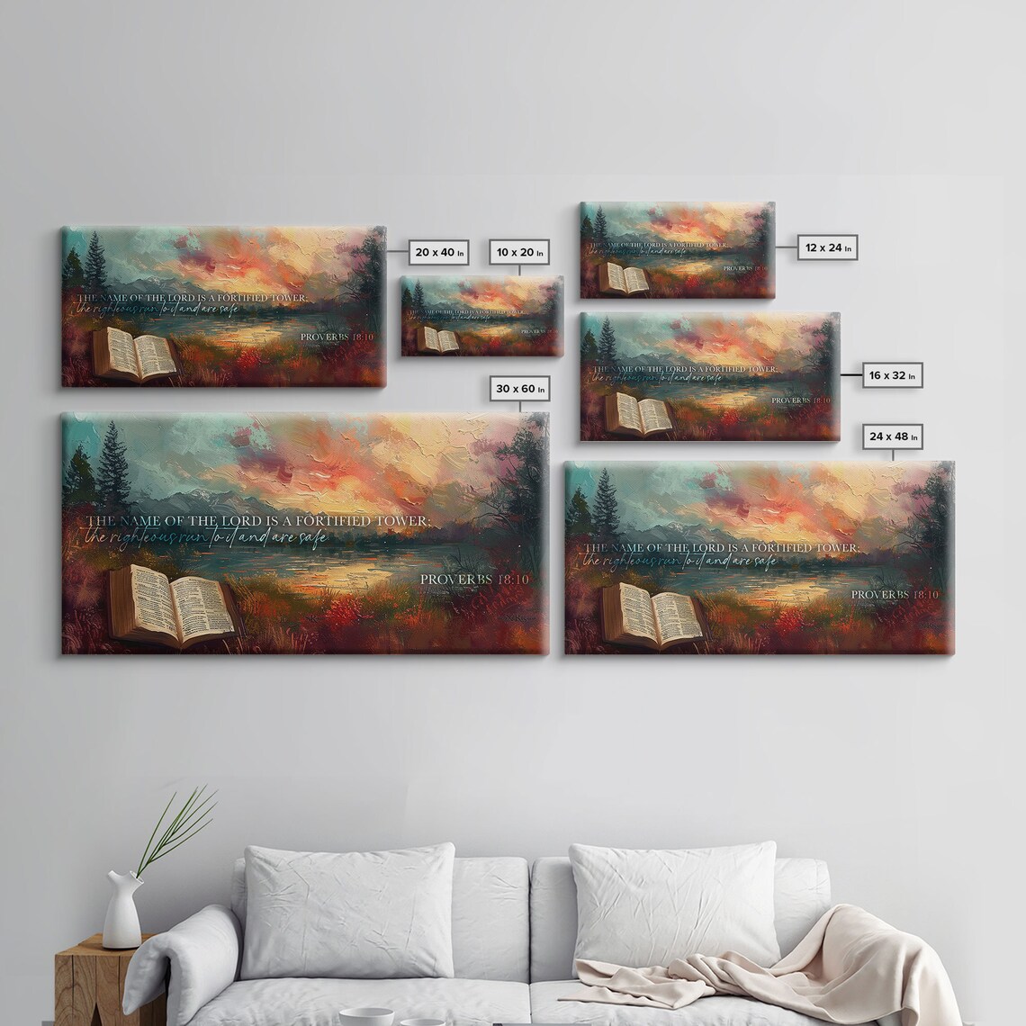 Proverbs 18:10 Scripture Wall Art Fortified Tower Sunset Lake Bible Quote Print - Image 2