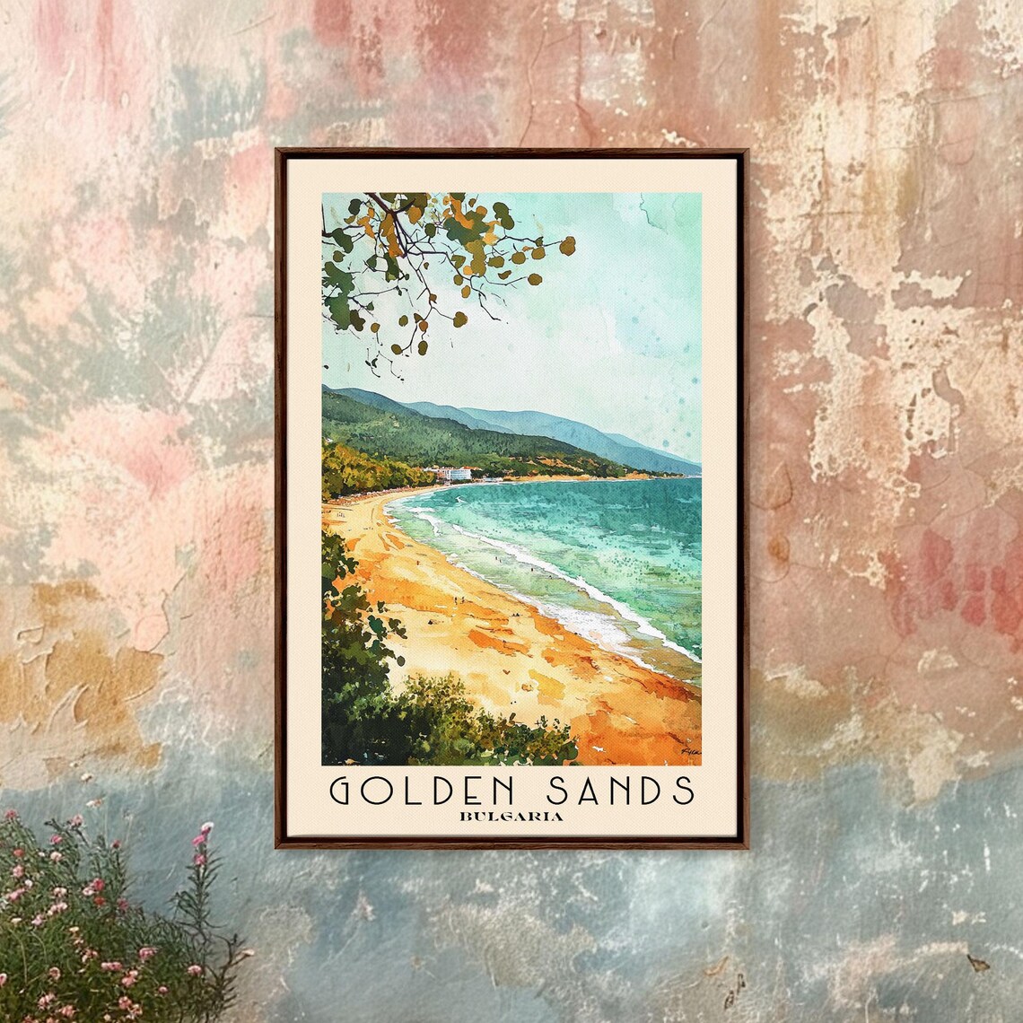 Golden Sands Bulgaria Sandy Bay Turquoise Sea Green Hills Beach Watercolor Poster - Image 4