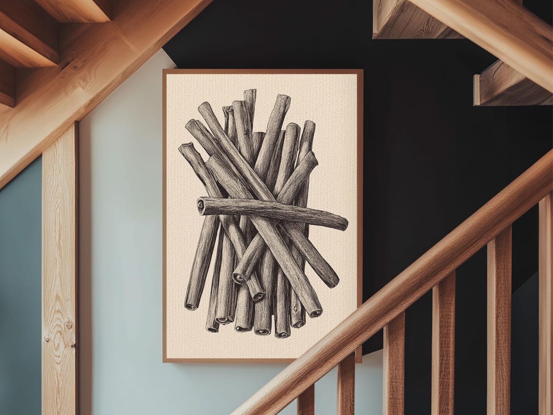 Bundle Of Cinnamon Sticks Pencil Sketch Rustic Kitchen Wall Poster