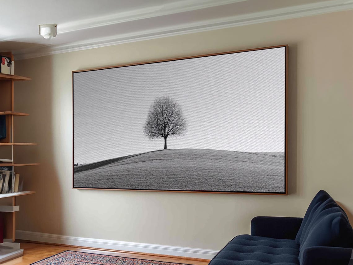 Black And White Lone Tree Hilltop Minimalist Monochrome Art Poster