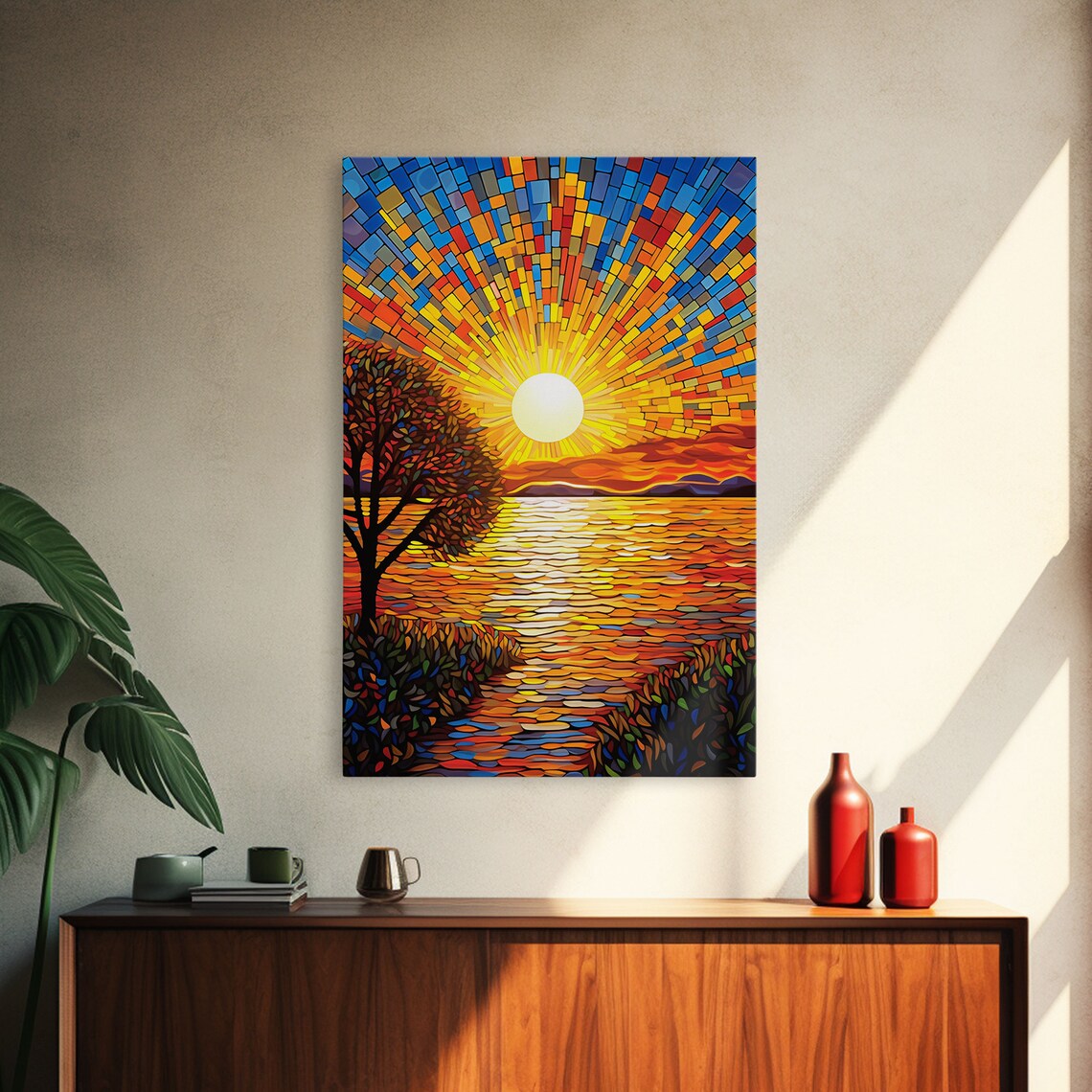 Mosaic Sunburst Sunrise Over Calm Lake Golden Rays Tree Shore Art Poster - Image 3