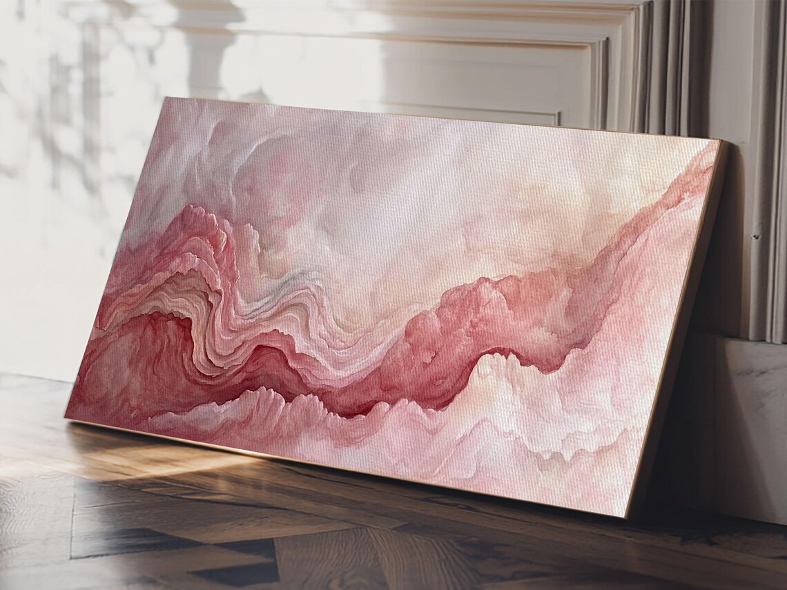 Pink Geode Framed Print Light Pink Wall Art Above Bed Decor Moody Abstract Artwork Gift Idea Minimalist Panoramic Painting - Image 4