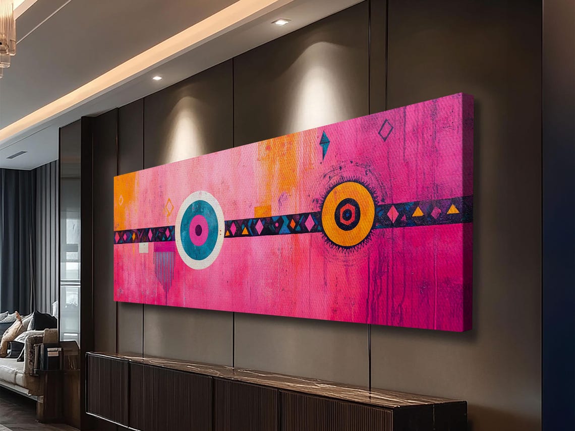 Pink Geometric Abstract Print Modern Wall Art Whimsical Boho Design Minimalist Art Long Narrow Extra Wide Statement Piece - Image 6