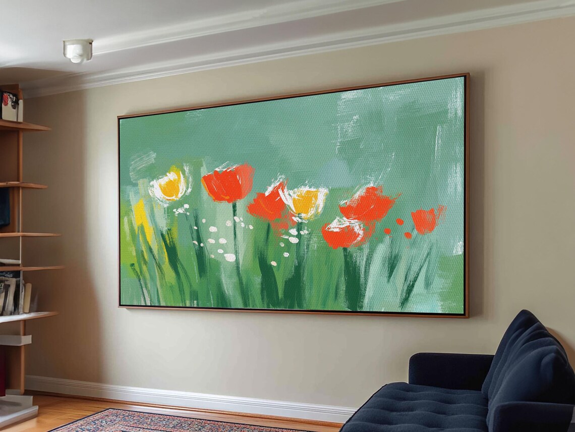 Green Abstract Tulip Oil Painting Print Vintage Flower Art Countryside Wall Decor Rustic Farmhouse Wall Art Flower Painting - Image 3
