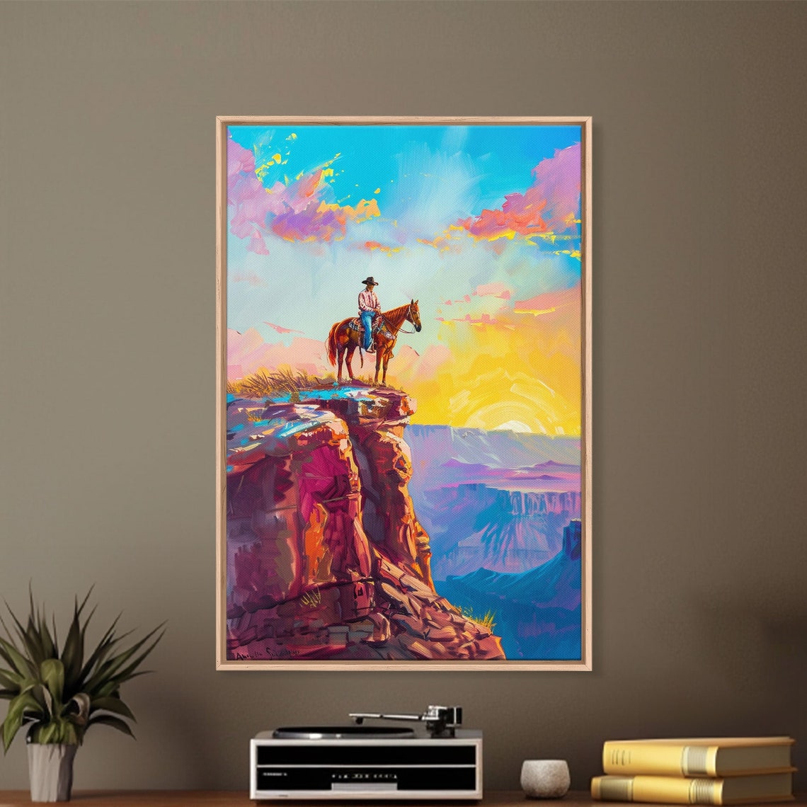 Cowboy On Horseback Canyon Cliff Edge Colorful Sunrise Western Poster - Image 4
