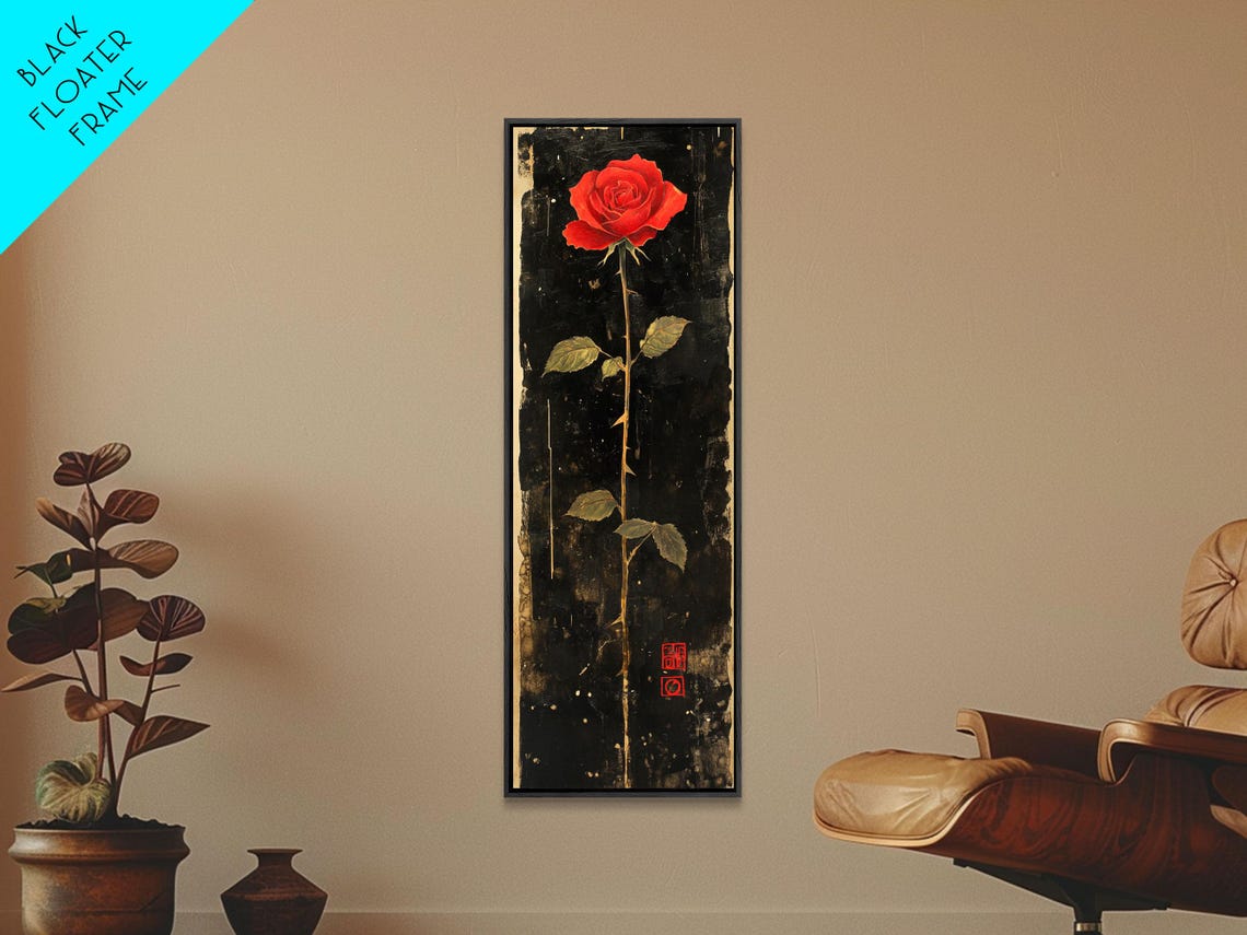 Red Rose on Black Vintage Distressed Floral Gothic Dark Wall Art - Image 2