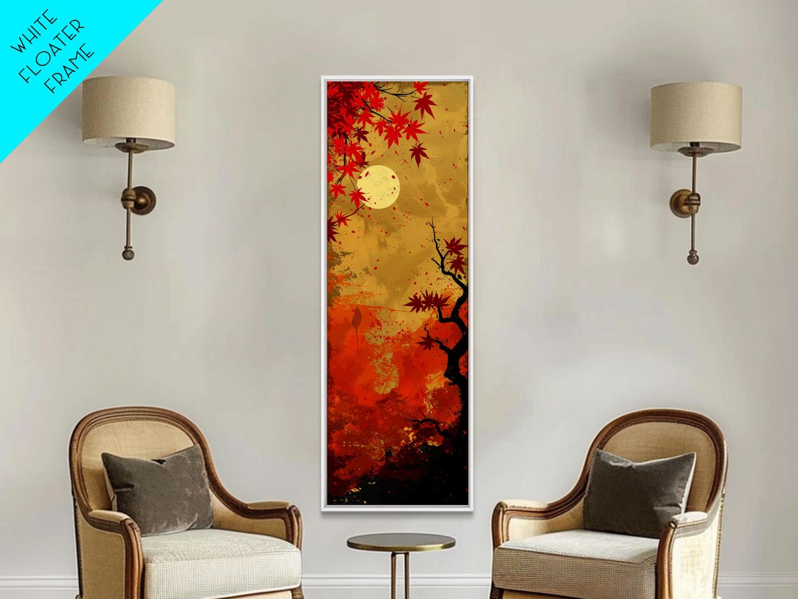 Japanese Red Maple Leaves Golden Moon Sky Autumn Woodblock Art Poster - Image 4