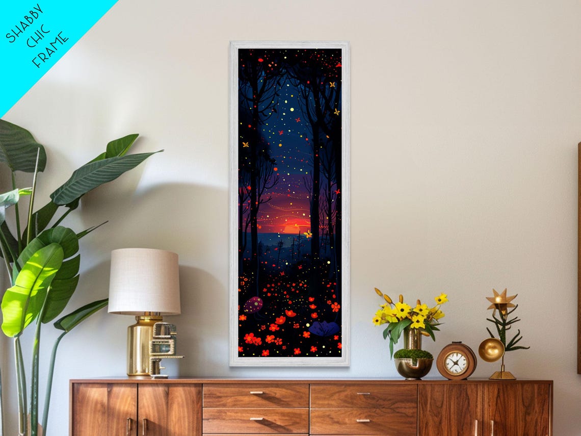 Starry Night Forest With Glowing Fireflies And Red Blooms Art Poster - Image 2