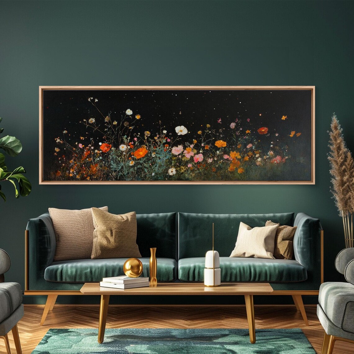Dark Moody Wild Flowers Under A Full Moon Framed Print Panoramic Extra Wide Wall Art Oversized Home Decor - Image 2