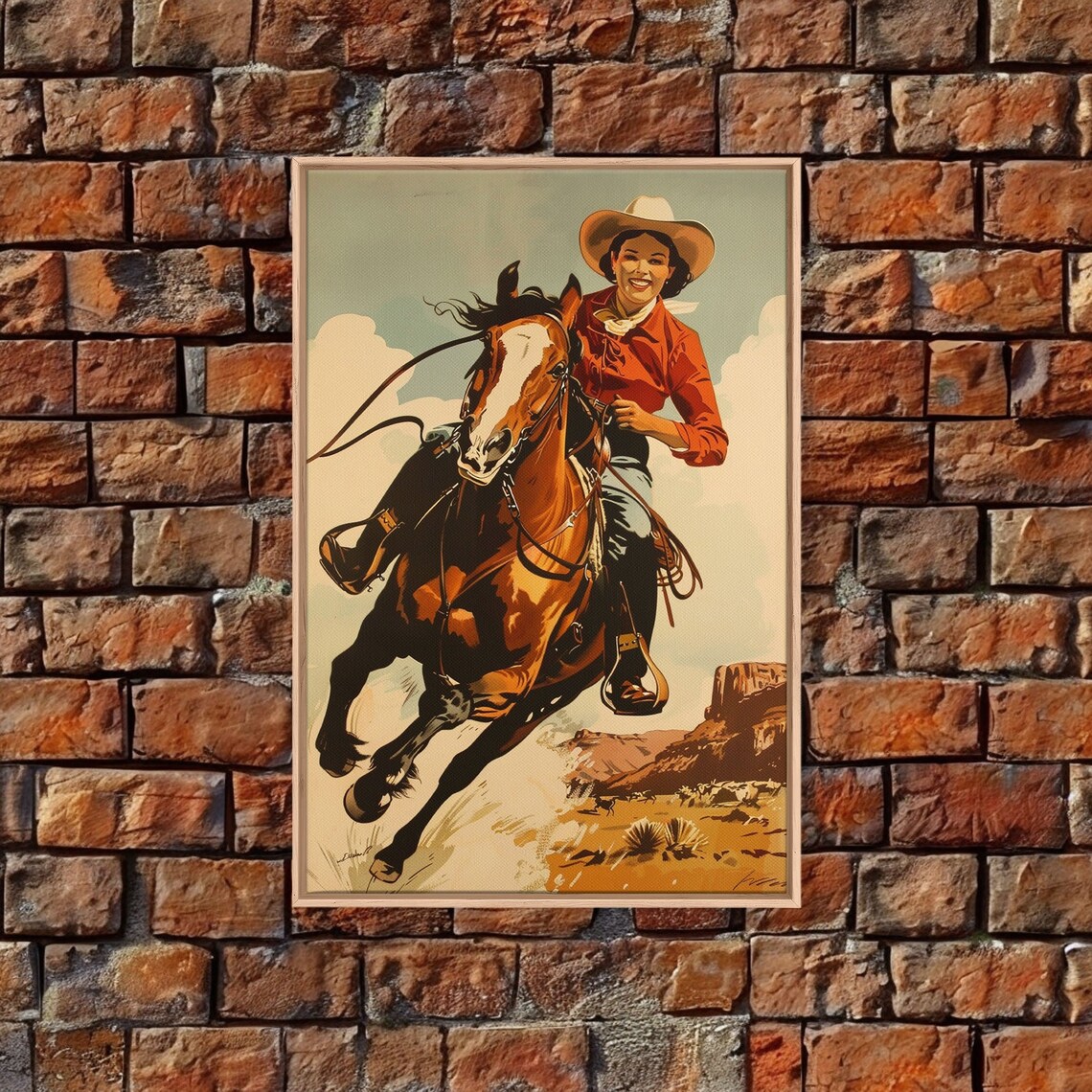 Retro Cowgirl Riding Galloping Horse Desert Canyon Ranch Poster - Image 4