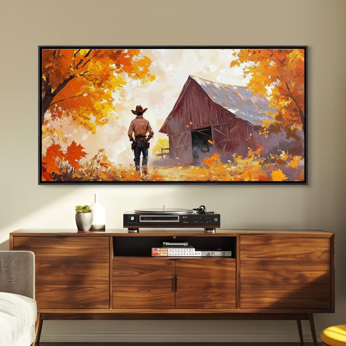 Cowboy Walking Toward A Red Barn Through Bright Fall Foliage Print - Image 2