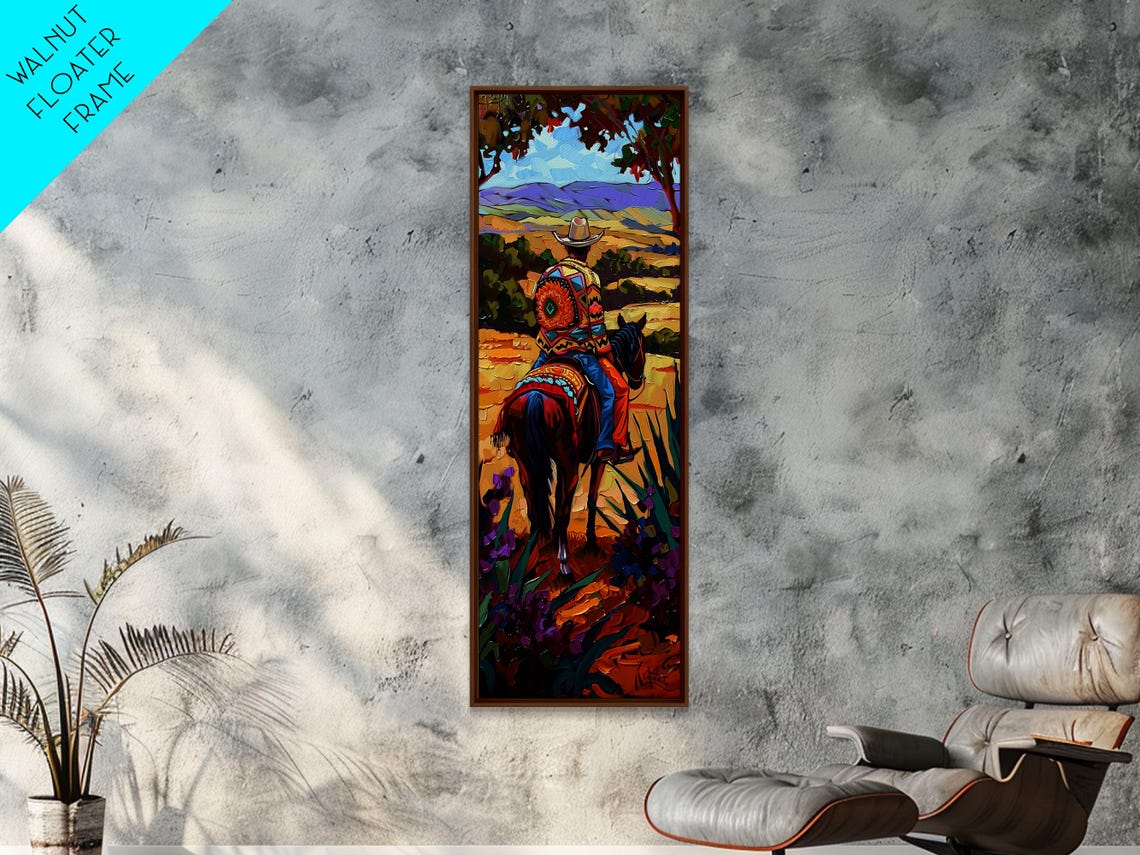 Long Narrow Wall Art Painting Of Jalisco Cowboy Southwest Wall Art Painting Colorful Desert Painting Framed And Printed Office Art