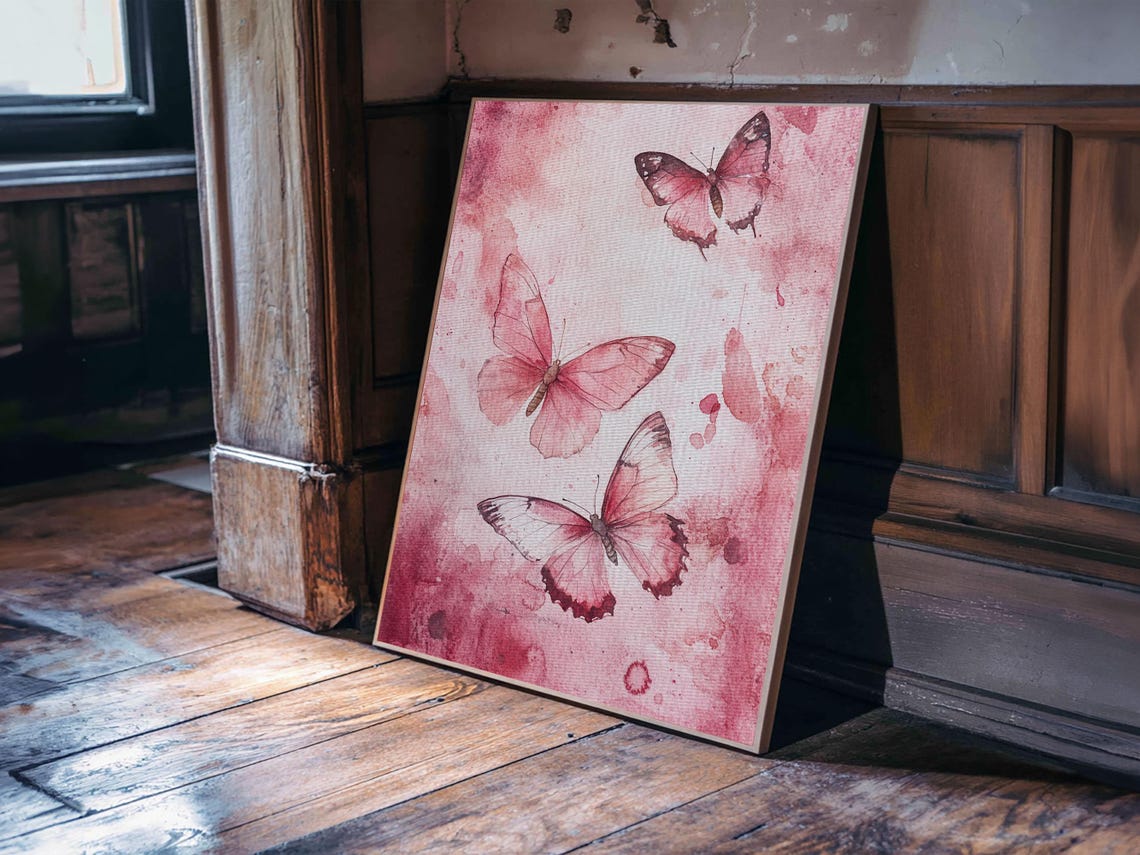 Pink Butterfly Watercolor Trio Botanical Blush Floral Wall Art Poster - Image 3