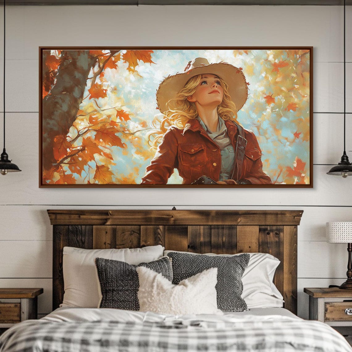 Young Cowgirl In A Straw Hat Among Falling Autumn Leaves Art Print - Image 2