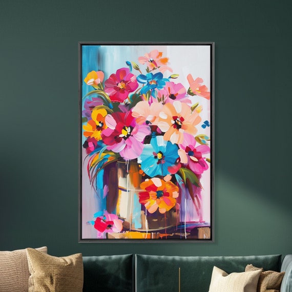 Bold Floral Bouquet In Bright Colors Framed Print Flower Decor Floral Art For Bedroom Vibrant Wall Art For Living Room