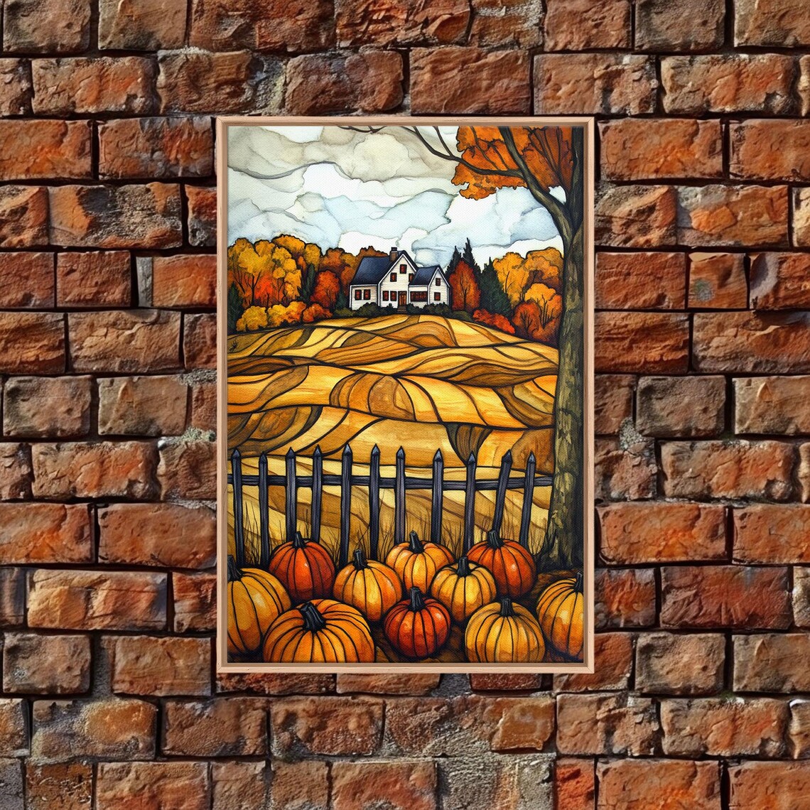 Fall Farmhouse Pumpkins Rolling Golden Fields Autumn Landscape Art Print - Image 4