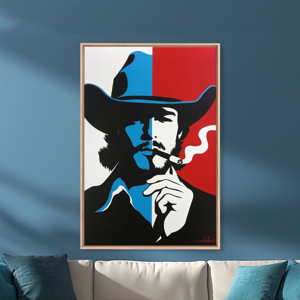 Cowboy Smoking Split Color Pop Art Red Blue Western Wall Art - Image 2