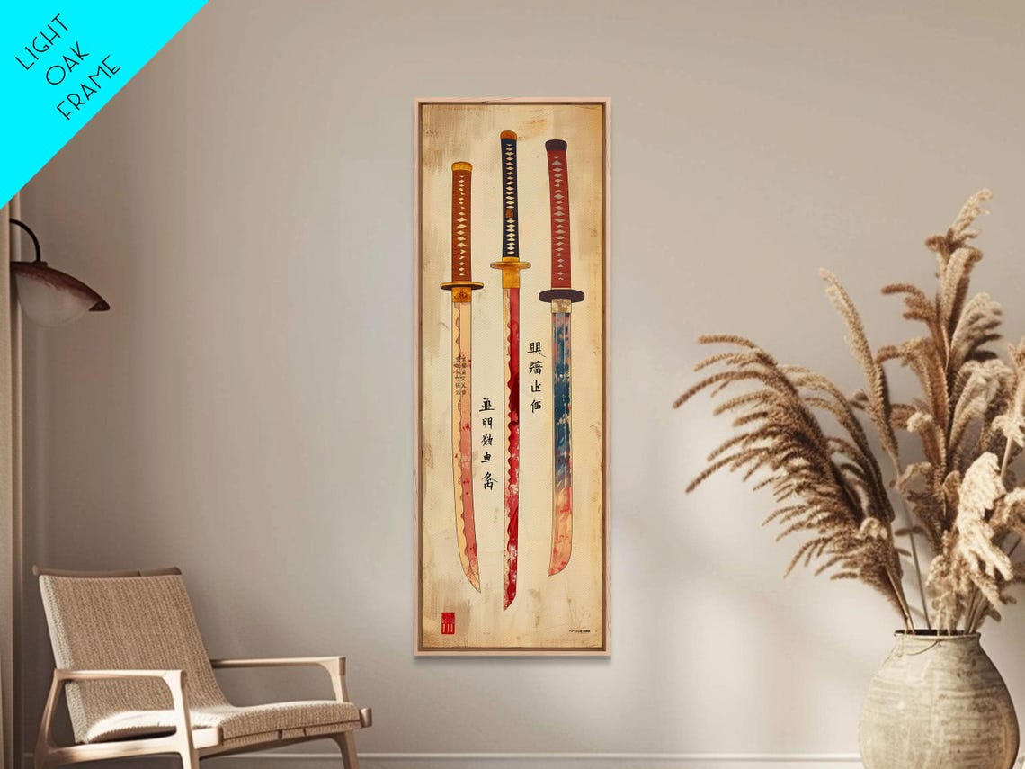 Three Samurai Swords Japanese Characters Cream Vintage Art Poster - Image 3