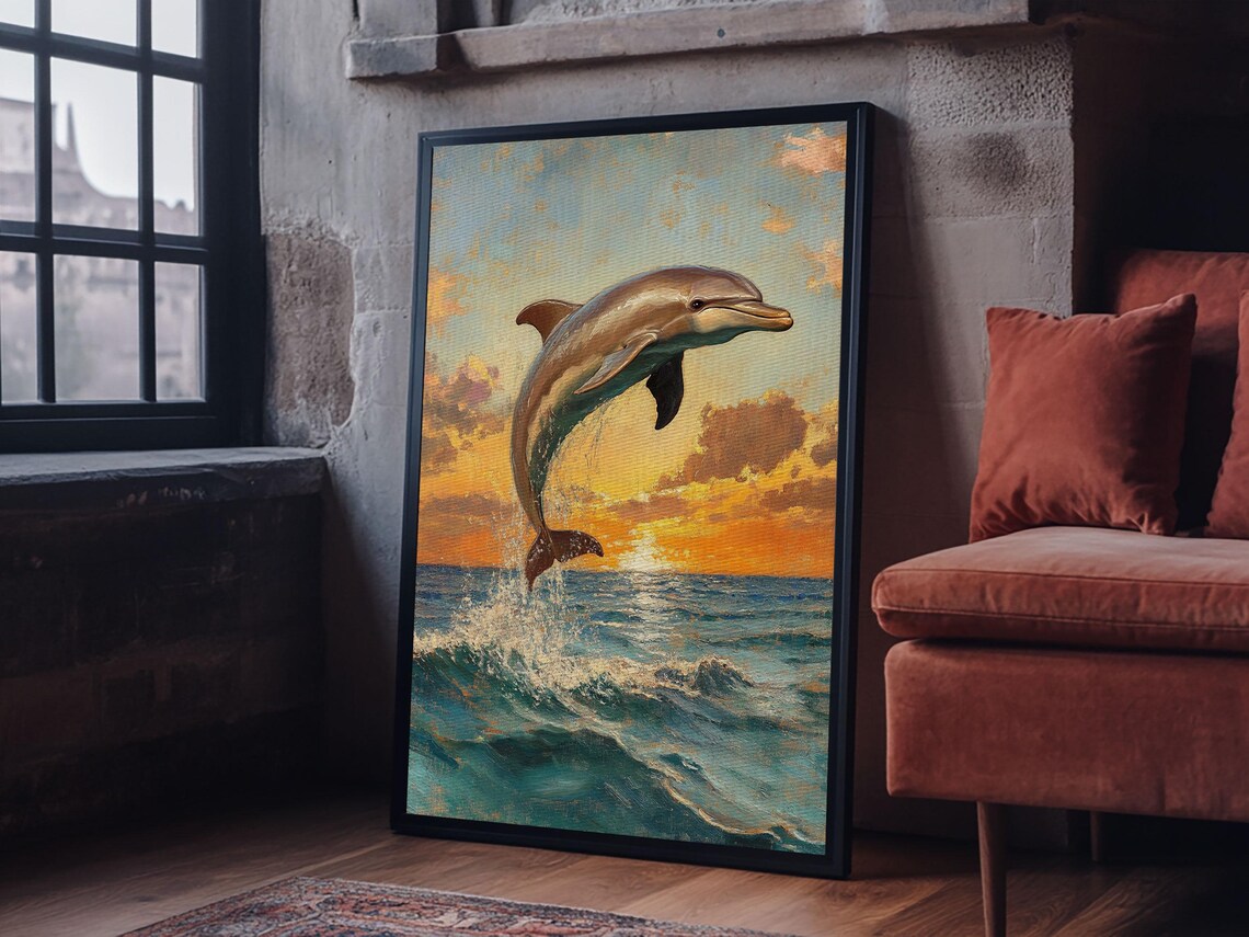 Dolphin Jumping At Sunset Framed Print Dolphin Painting Dolphin Decor Dolphin Wall Art Nuevart - Image 2
