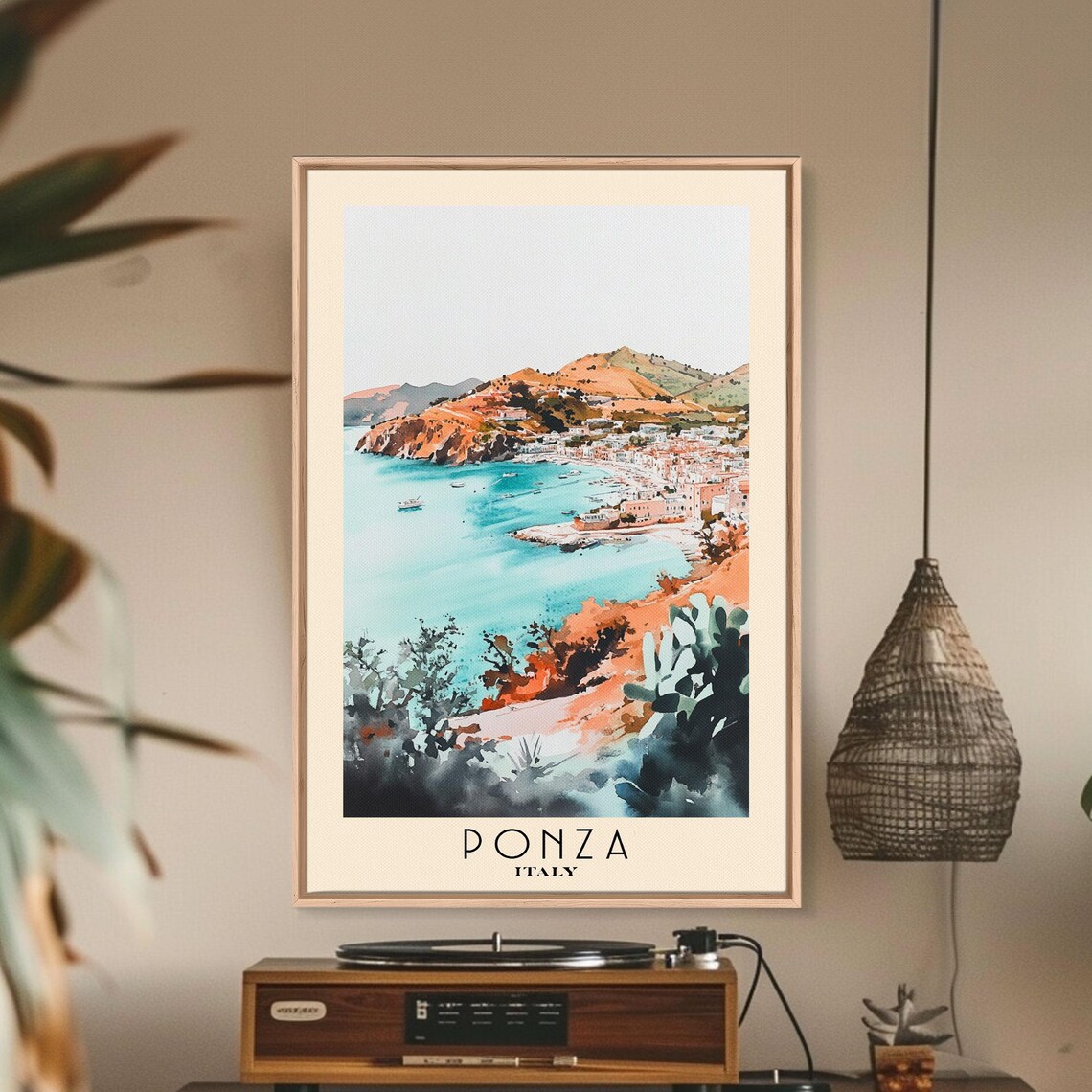 Ponza Italy Turquoise Harbor Pastel Town Cacti Watercolor Travel Poster - Image 2