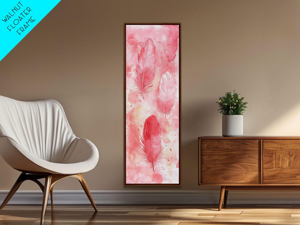Three Pink Watercolor Feathers Minimalist Vertical Botanical Wall Art - Image 4
