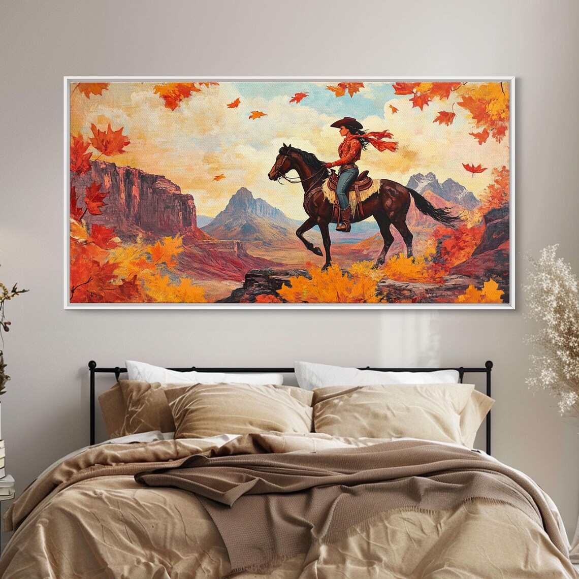 Cowgirl Riding Through Red Rock Canyon Golden Autumn Leaves Poster