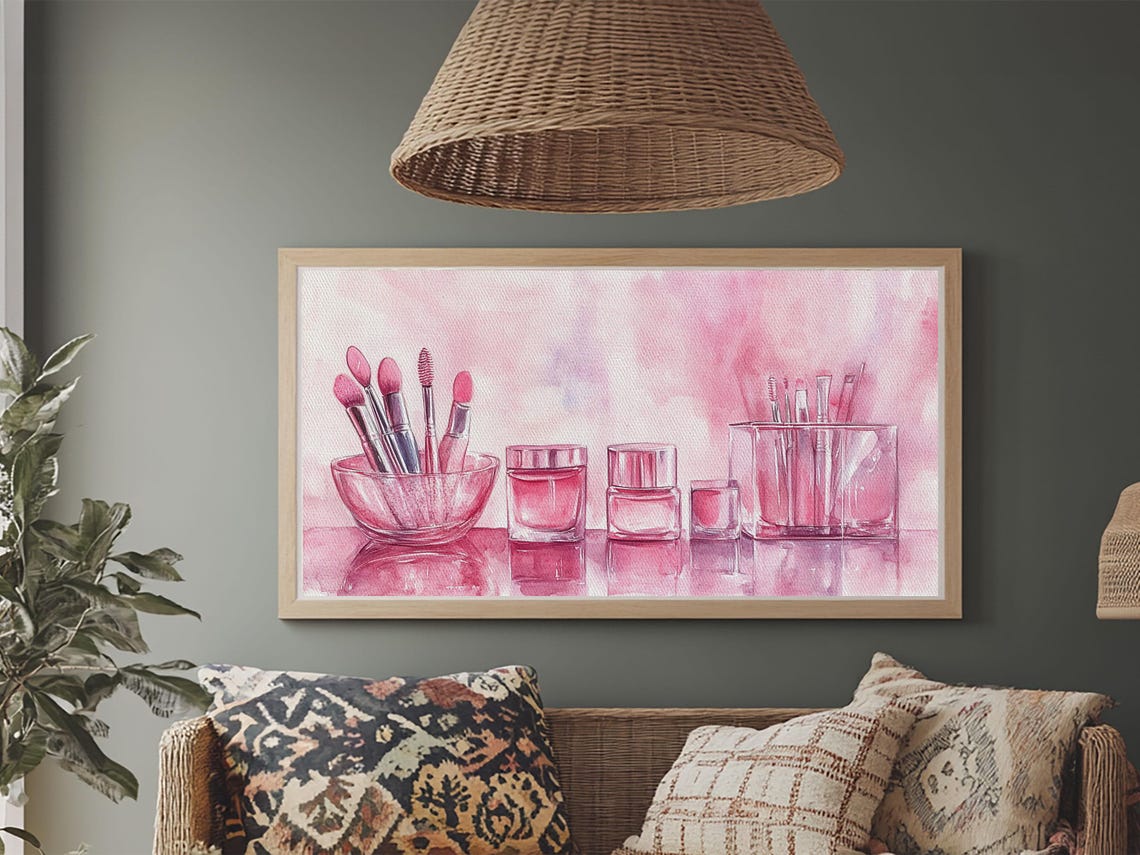 Pink Makeup Brushes Still Life Watercolor Vanity Beauty Room Poster