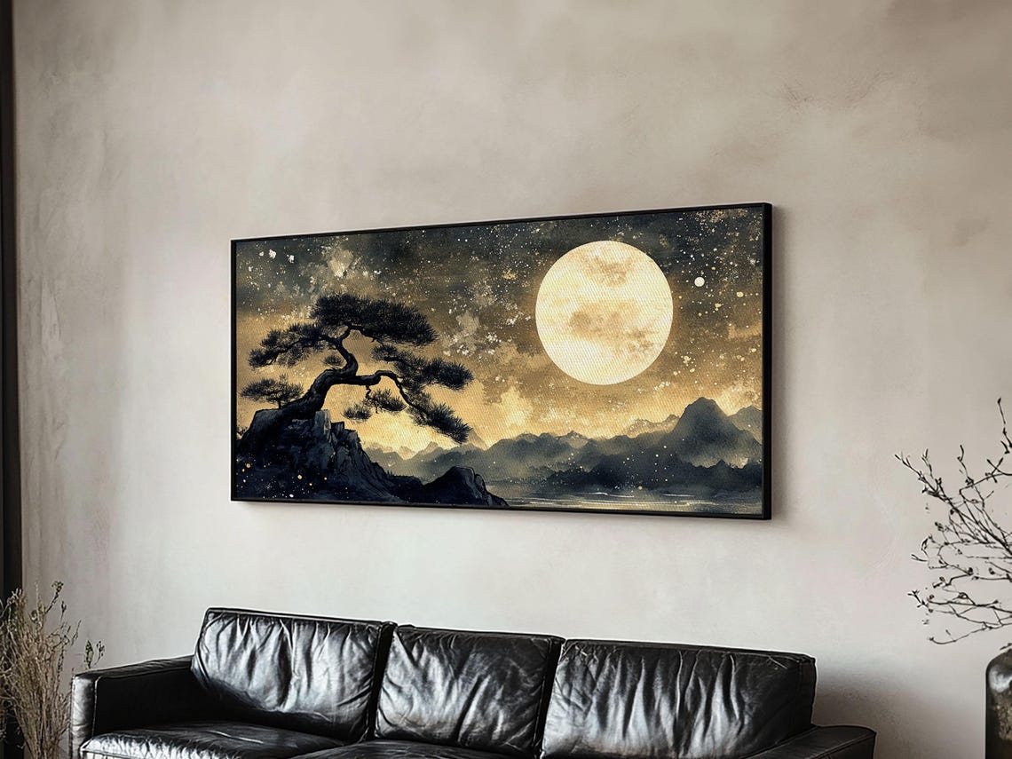 Bonsai Pine Under Full Moon Starry Gold Night Japanese Painting Print - Image 6