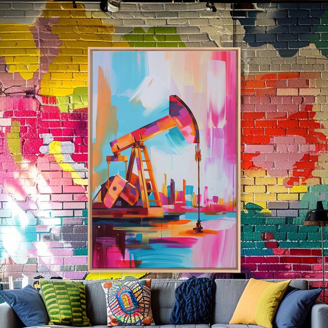 Colorful Oil Derrick Art Print, Industrial Decor