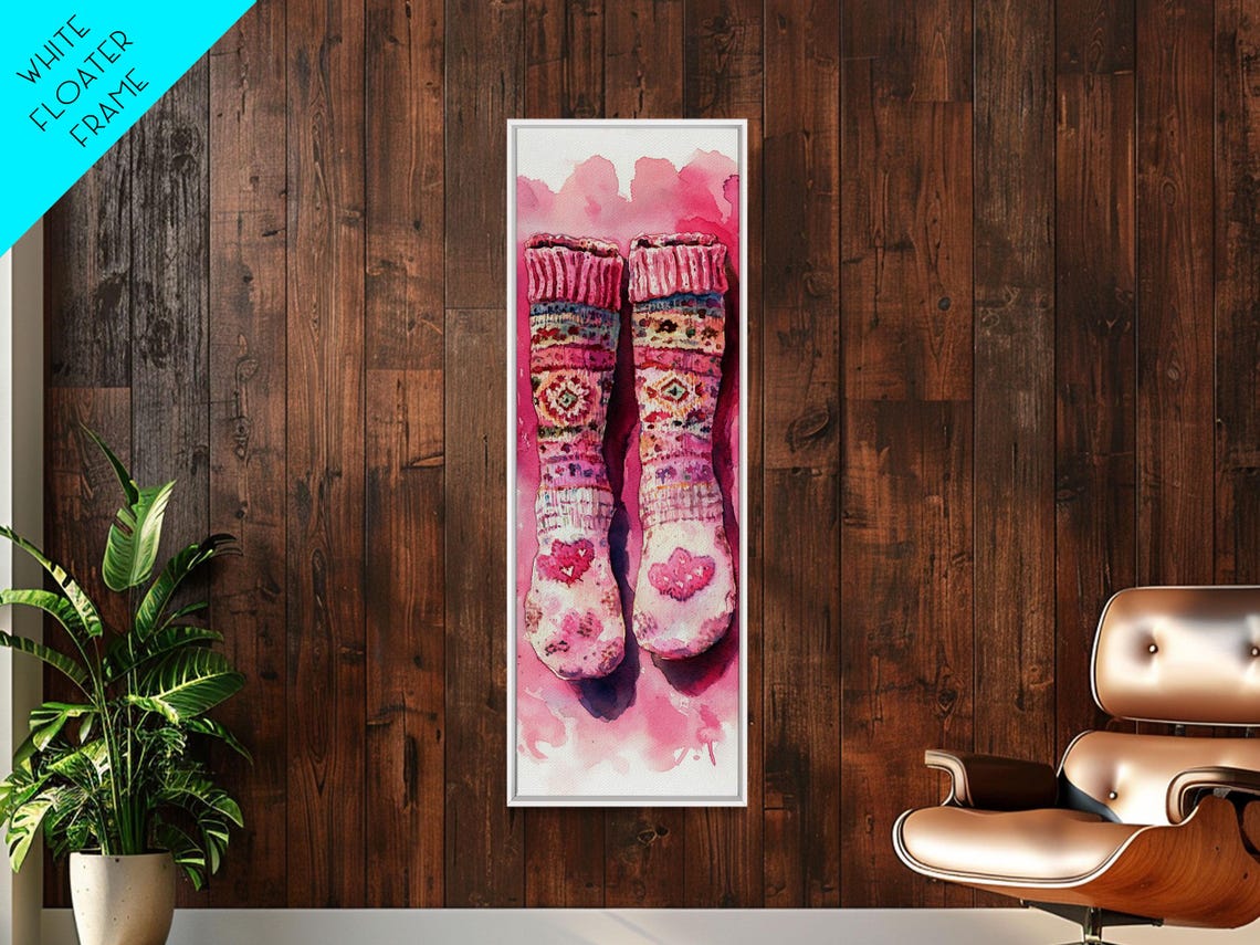 Cozy Pink Knitted Socks With Hearts Watercolor Whimsical Wall Art - Image 6