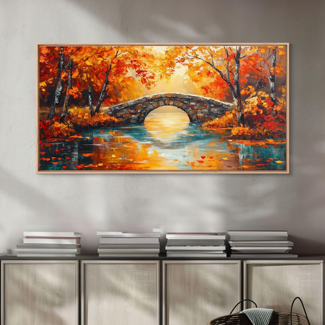 Autumn Stone Bridge River Golden Foliage Vibrant Oil Painting Print - Image 3
