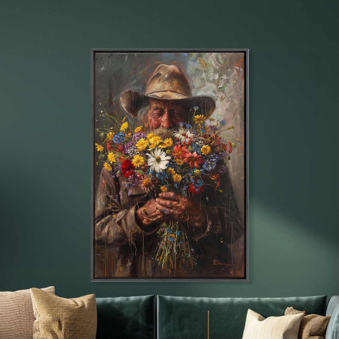 Old Cowboy Smelling Wildflower Bouquet Rustic Portrait Western Poster
