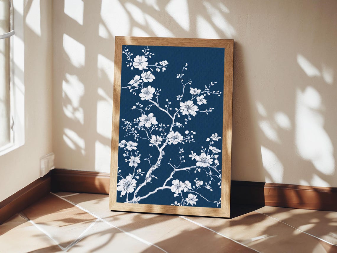 White Cherry Blossoms Navy Blue Chinoiserie Botanical Wall Art Poster - Image 5