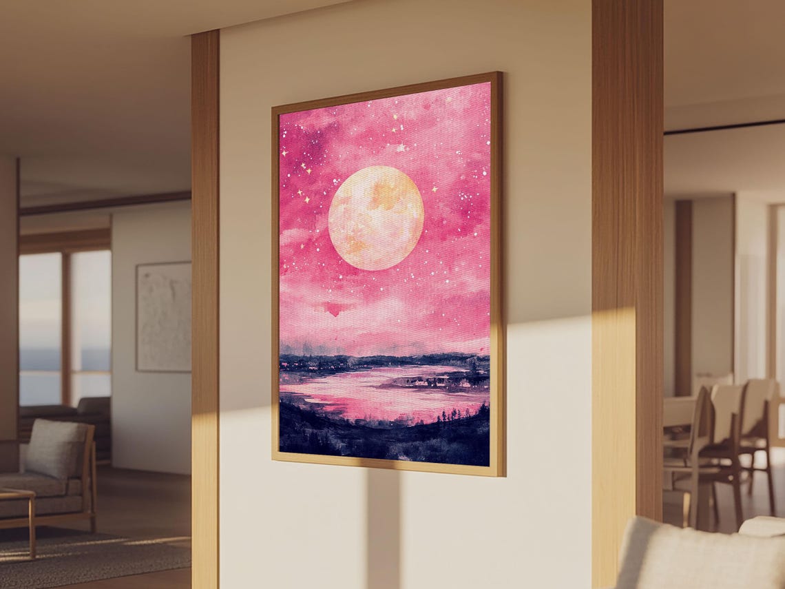 Pink Moonlit Night Lake Starry Sky Dreamy Watercolor Landscape Print - Image 4