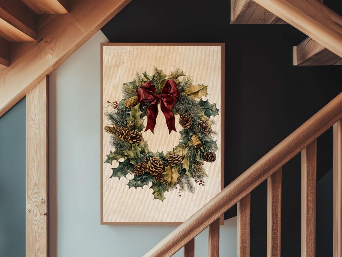Vintage Christmas Wreath Pinecones Red Bow Classic Holiday Art Poster - Image 3