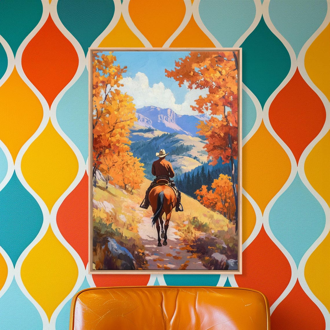 Cowboy Riding Through Autumn Trees Golden Fall Trail Mountain Poster - Image 3
